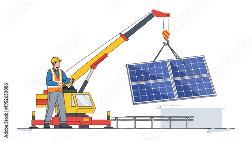 Solar Panel Installation: A construction worker skillfully guides a massive crane as it carefully positions a solar panel, showcasing the integration of renewable energy and sustainable practices.
