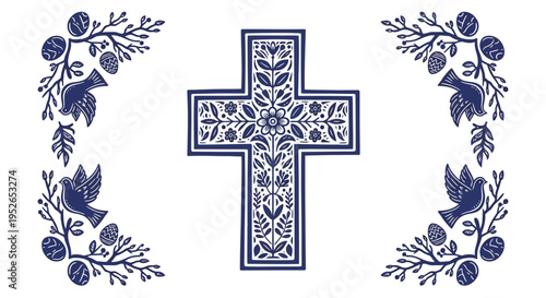 Ornate cross with floral patterns and symbolic birds and easter eggs in decorative corners representing faith resurrection and new beginnings in a serene spiritual and celebratory