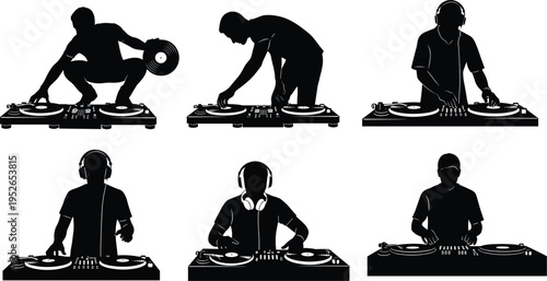 DJ silhouettes operating turntables, music mixing artwork, nightclub entertainment vector, electronic dance festival illustration, disc jockey performance design, party vibes