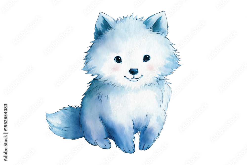 Fototapeta premium Cute Smiling Fluffy Arctic Fox Cub Sits Happily