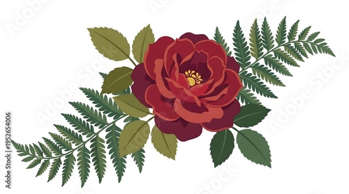 Wallpaper Mural Red rose flower arrangement with green leaves and fern fronds, vintage botanical floral illustration isolated on white background
 Torontodigital.ca