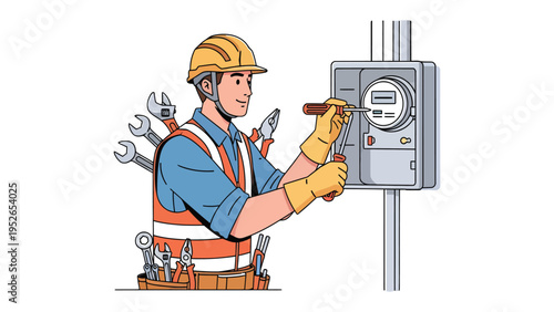 Electrical Engineer at Work: A skilled electrical engineer meticulously works on an electrical panel. His tools are meticulously placed for each use. Capturing his expertise, precision and dedication.