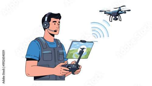 Drone Operator: A man in a vest operates a drone. Using a remote control and monitor, the man skillfully guides the drone. A technological marvel, soaring with precision.