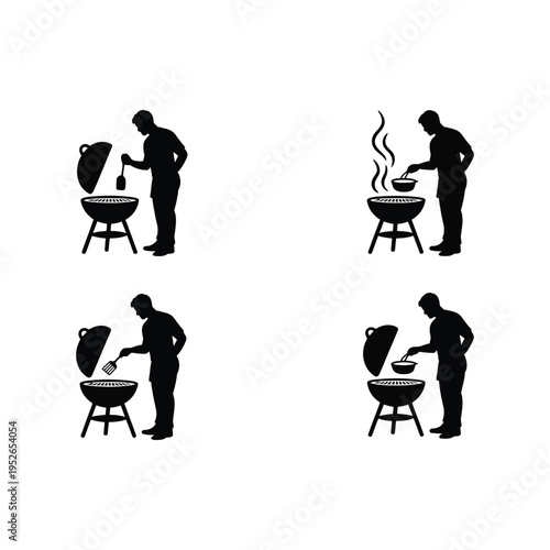 A man grilling food in a barbecue silhouette illustration set