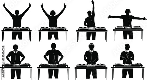 DJ silhouettes performing at music event, energetic party vibes, nightclub entertainment, electronic dance festival, professional disc jockey illustration, nightlife