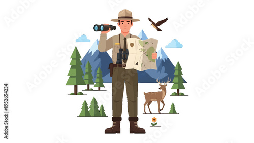 Guardian of the Wilderness: An outdoor enthusiast, dressed in uniform, observes the landscape, while holding a map and binoculars, in nature, ready to explore