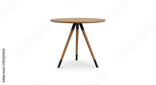 Modern Scandinavian Round Oak Side Table with Tripod Legs and Black Metal Tips Isolated on White — Minimalist Contemporary Furniture