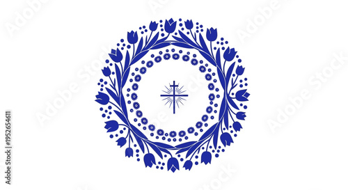 Easter floral wreath with cross symbol on white background representing spring and christian holiday