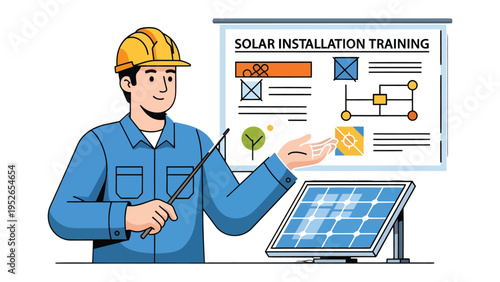 Solar Installation Training: An instructor, dressed in professional attire, guides a training session on solar installation, pointing at a diagram and demonstrating the process.