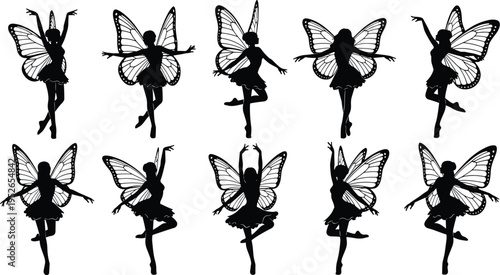 Fairy silhouettes illustration, ballet pose artwork, whimsical fantasy design, magical wings concept, graceful dance figure, imaginative decorative graphic