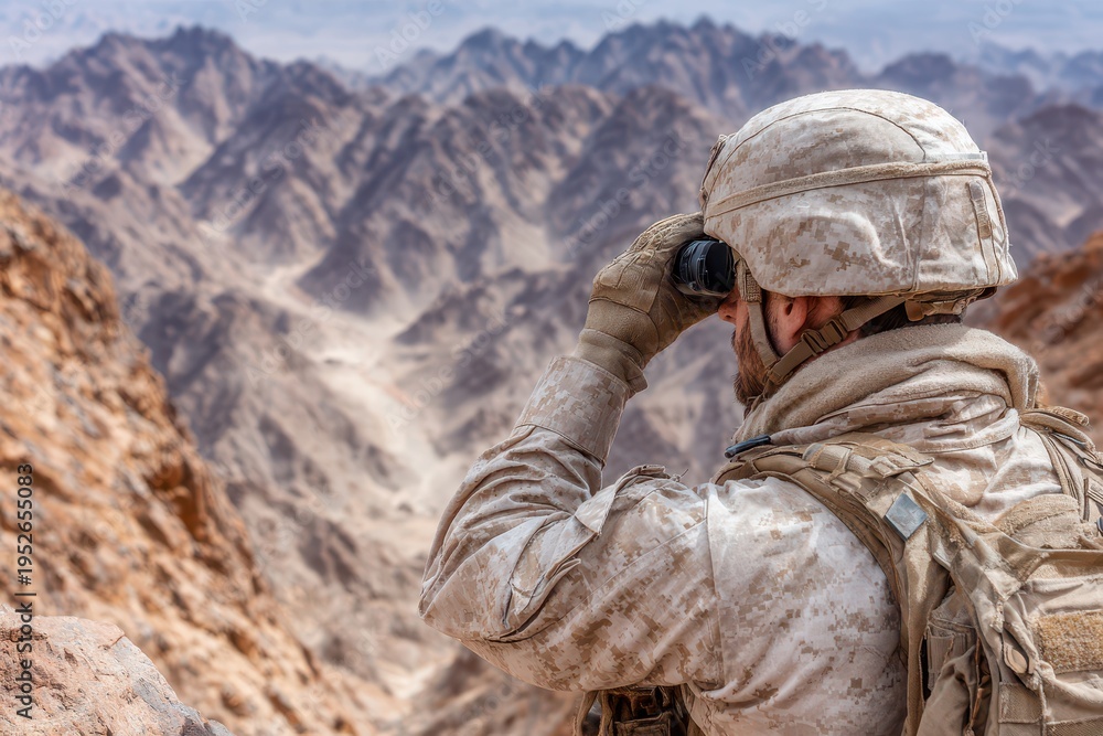 Naklejka premium An army soldier observes the mountainous terrain with binoculars, wearing camouflage uniform, helmet, and tactical gear on a military scouting mission outdoors.