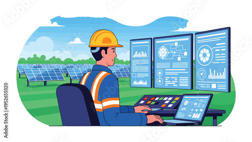 Renewable Energy Specialist at Work: A skilled specialist manages a solar panel farm from a control room, using cutting-edge technology to monitor and optimize energy production.