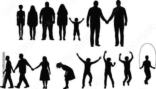 Family silhouettes collection, children and adults figures, playful activity poses, joyful relationship illustration, black silhouettes art, lifestyle design, vector family icons