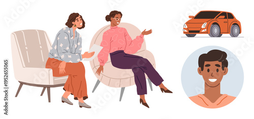 Communication, collaboration, friendship, automotive, character illustration, diverse topics. Two women engaged in conversation, a smiling man and a car side profile. Communication and collaboration