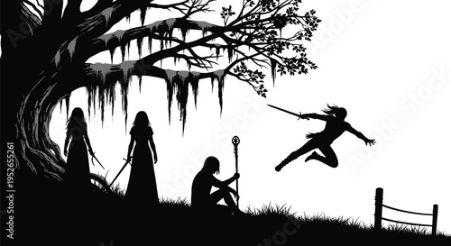 Fantasy warrior silhouette, wizard staff illustration, sword fighter leap, mystical tree design, adventure conflict scene, magical quest artwork, epic battle icon