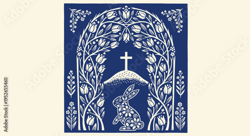 Easter bunny in floral arch with cross on hill symbolizing spring and renewal on easter day