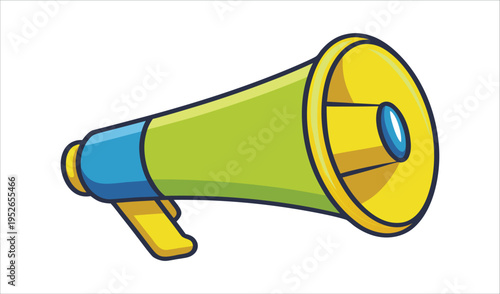 Cartoon illustration of a bright yellow and green megaphone with a blue handle
