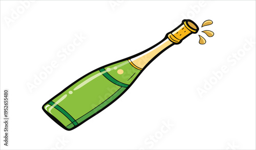 Green bottle of champagne with cork popping and splashing
