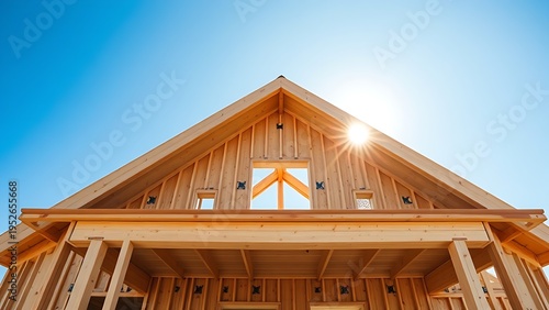 House construction framing with wooden structure against blue sky.