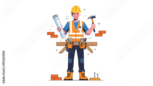 Construction Artisan's Vision: A skilled artisan, adorned in safety gear, stands confidently with construction plans and tools.