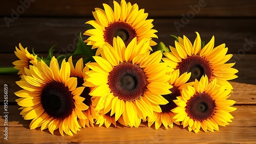Sunflowers on a rustic wooden surface, warm golden hour light enhancing their natural beauty.