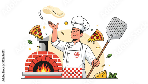 Artisan Pizza Chef: A skilled pizza chef tosses dough and expertly crafts delicious pizzas, surrounded by ingredients, fire oven and tools, symbolizing culinary art and the joy of cooking.