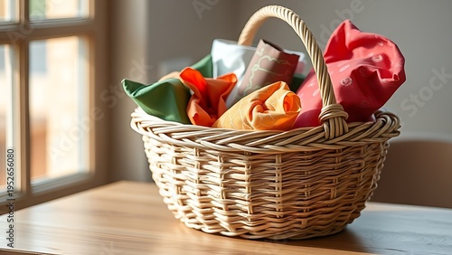 Woven basket filled with colorful fabric-wrapped parcels on a minimalist wooden table, bathed in soft natural light.