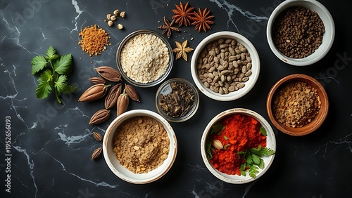 An artistic arrangement of dried herbs and spices in small bowls on a dark marble surface.