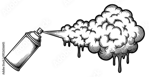 Hand drawn engraving of a spray paint can with a large smoke cloud and drips