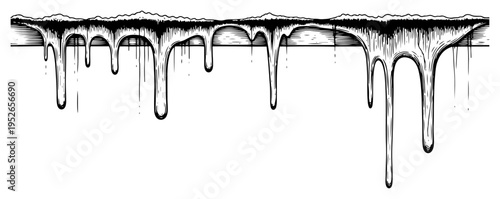 Vintage woodcut style engraving of thick liquid dripping from a horizontal border