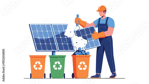 Solar Panel Demolition and Recycling: A diligent worker wearing protective gear dismantles solar panels, carefully placing the broken pieces into recycling bins to promote environmental consciousness.