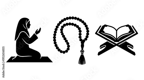 Islamic faith icons prayer, beads, and Quran