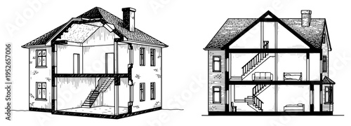 Vintage architectural house cross section engravings showing interior floors and structural layout details