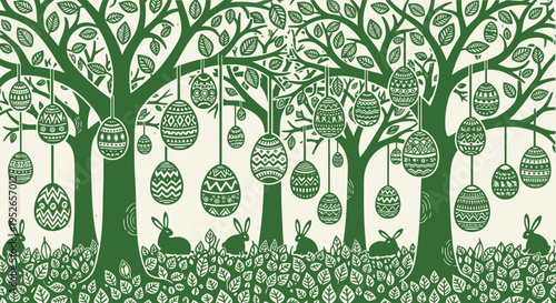 Easter celebration scene with decorated eggs hanging from trees and bunnies in grassy field on festive holiday background