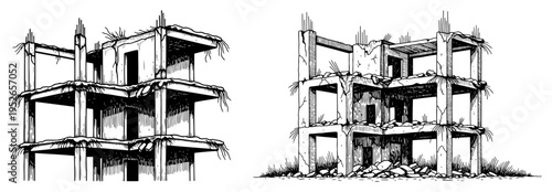 Hand drawn vintage engravings of ruined concrete building structures and abandoned urban skeletons