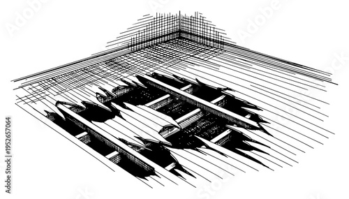 Damaged interior wooden floor with a large hole revealing the structure in vintage etching style