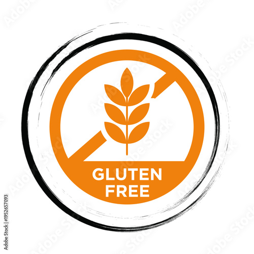 Gluten Free Orange Round Badge with Crossed Wheat Symbol Brush Stroke Circle Food Allergy Dietary Label Vector