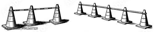 Hand drawn traffic cones and safety barriers in vintage engraving style for construction or roadwork