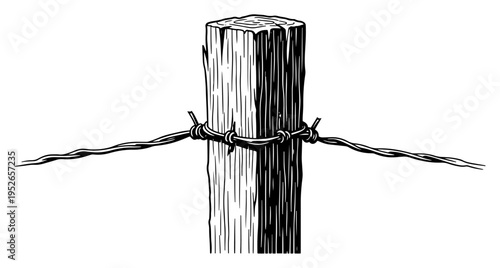 Hand drawn wooden fence post with barbed wire in vintage engraving style for farm or border concepts