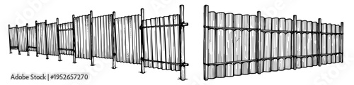 Hand drawn corrugated metal fence or construction site hoarding in vintage engraving style