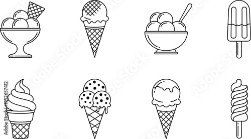 Set of eight ice cream icons featuring sundae bowls, waffle cones, soft serve, popsicles and frozen yogurt in a clean line art.
