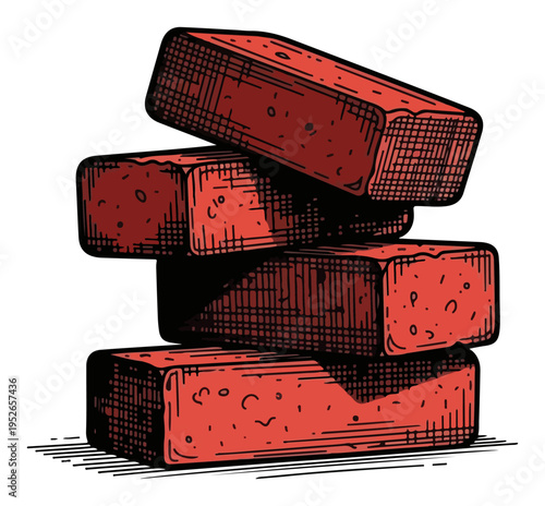 Vintage colored engraving of a stack of red clay construction bricks