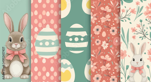 Easter bunny patterns with floral designs and eggs on colorful backgrounds for holiday decoration