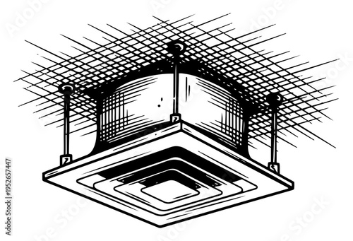 Vintage engraving of a ceiling ventilation unit air diffuser in woodcut style