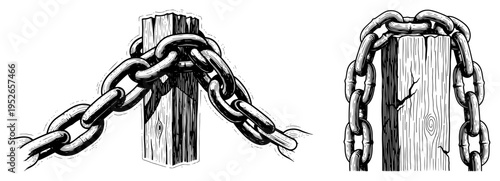 Heavy metal chains wrapped around a wooden post in vintage etching style