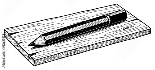 Carpenter pencil lying on a wooden plank in hand drawn vintage etching style