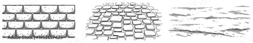 Hand drawn architectural textures with brick wall cobblestone street and weathered surface in vintage engraving style