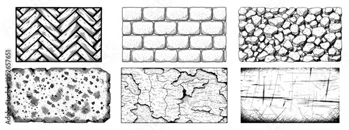 Collection of hand drawn material textures including brick stone and cracked surfaces in vintage engraving style