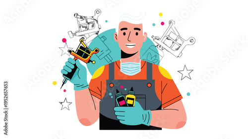 Artistic Expression: A skilled tattoo artist, adorned in work attire, brandishes a tattoo machine and tools, embodying the art of body modification and creativity.