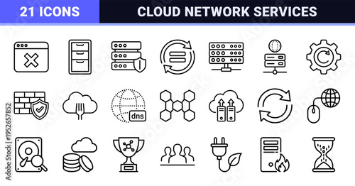 Technical Monoline Web Hosting and Network Infrastructure Symbols featuring sleek black outlines for enterprise cloud data management systems.